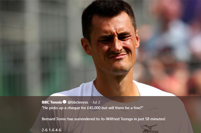 Petenis putra asal Australia, Bernard Tomic, saat melakoni babak pertama Wimbledon 2019, kontra Jo-Wilfried Tsonga (Prancis), di All England Club, London, Selasa (2/7/2019).