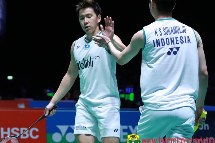 Marcus Fernaldi Gideon/Kevin Sanjaya Sukamuljo beraksi pada babak kedua All England Open 2020 yang dihelat di Arena Birmingham, Inggris, Kamis (12/3/2020).