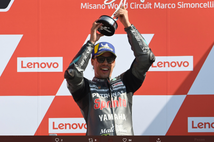 Pembalap Petronas Yamaha SRT, Franco Morbidelli merayakan juara pada MotoGP San Marino 2020 di Sirkuit Misano, Minggu (13/9/2020).