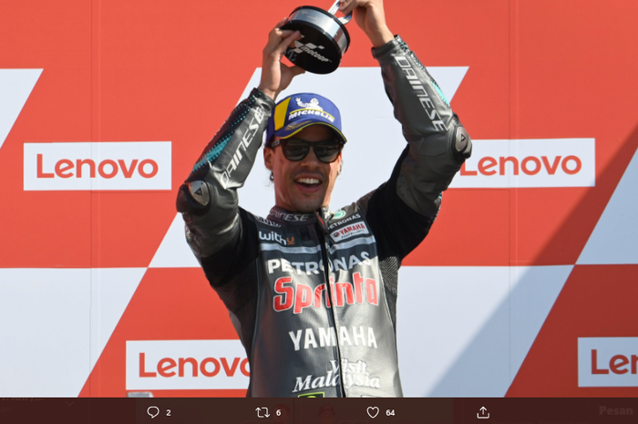 Pembalap Petronas Yamaha SRT, Franco Morbidelli merayakan juara pada MotoGP San Marino 2020 di Sirkuit Misano, Minggu (13/9/2020).