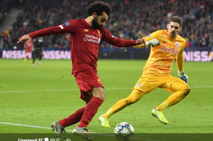 Penyerang Liverpool, Mohamed Salah, mencetak gol dalam laga Grup E Liga Champions melawan Salzburg di Stadion Salzburg, Selasa (10/12/2019).