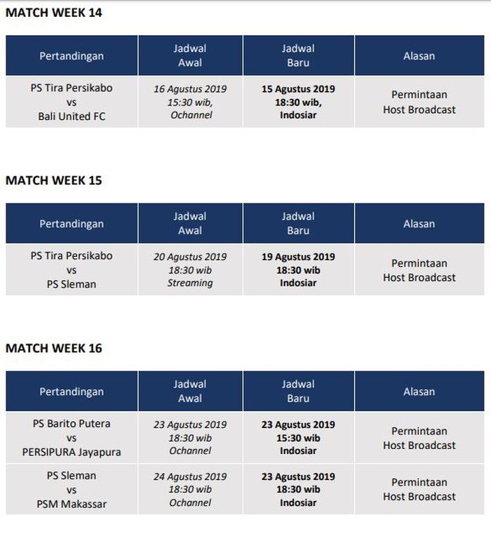 Perubahan jadwal Liga 1 2019 pekan ke-14, ke-15, dan ke-16.