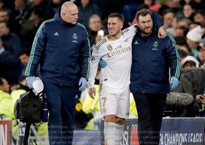 Eden Hazard (tengah) mengalami cedera di Real Madrid.