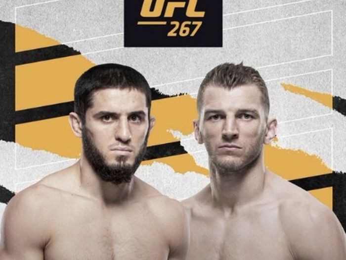 Poster pertandingan duel kelas ringan, Islam Makhachev vs Dan Hooker,  yang akan berlangsung pada acara UFC 267 di Abu Dhabi, 31 Oktober 2021.