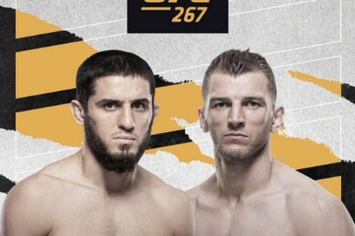 Poster pertandingan duel kelas ringan, Islam Makhachev vs Dan Hooker,  yang akan berlangsung pada acara UFC 267 di Abu Dhabi, 31 Oktober 2021.