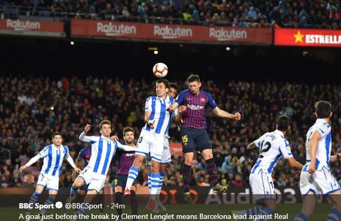 Clement Lenglet mencetak gol Barcelona ke gawang Real Sociedad, 20 April 2019.