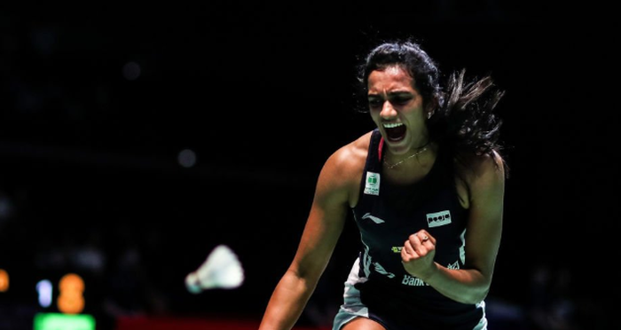 Pusarla Venkata Sindhu (PV Sinhu) berselebrasi saat melakoni final Kejuaraan Dunia 2019, di St. Jakobshalle Basel, Swiss, Minggu (25/8/2019).