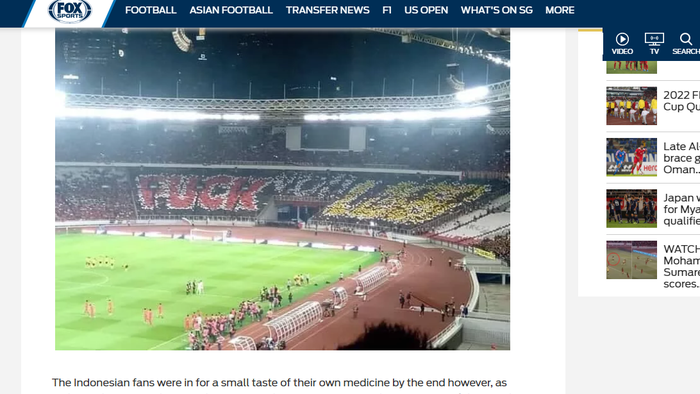 Artikel Foxsport yang menyoroti tingkah suporter Indonesia