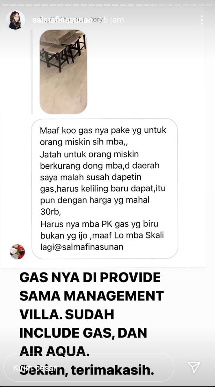 Jawaban Salmafina Sunan saat disinggung netizen soal gas bersubsidi di villa tempatnya menginap.