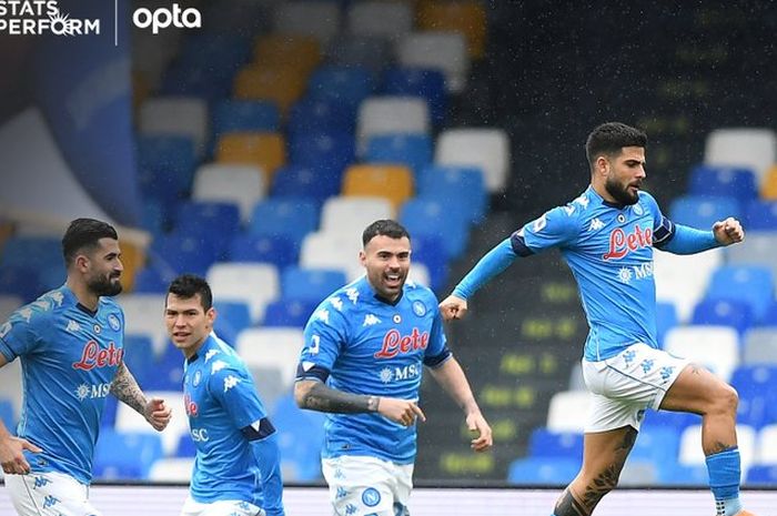 Para pemain Napoli merayakan gol ke gawang Fiorentina dalam pertandingan yang digelar pada Minggu (17/1/2021) pukul 18.30 WIB di Stadion Diego Armando Maradona.