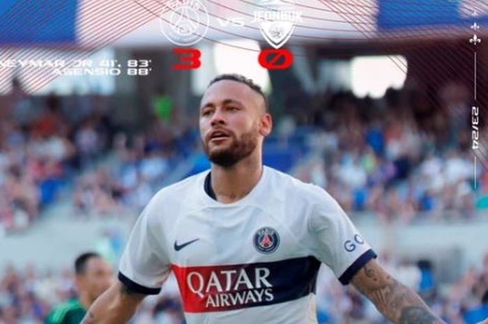 Winger Paris Saint-Germain, Neymar, merayakan gol yang ia cetak ke gawang Jeonbuk Hyundai Motors pada laga uji coba di Stadion Busan Asiad, Kamis (3/8/2023).