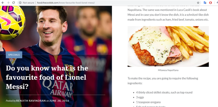 Screen capture berita makanan favorit Lionel Messi