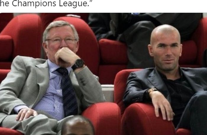 Pelatih legendaris Manchester United, Sir Alex Ferguson (kiri), bersama eks juru taktik Real Madrid, Zinedine Zidane. 