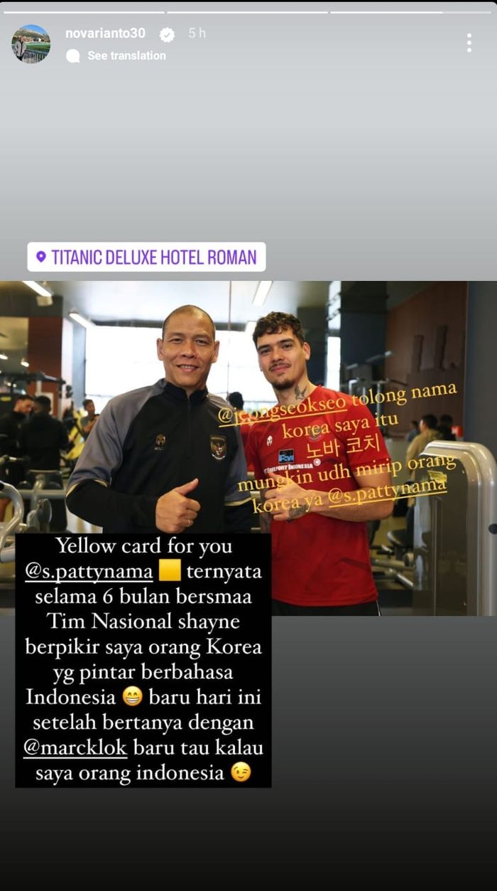 Asisten pelatih timnas Indonesia Nova Arianto berbagi cerita lucu soal Shayne Pattynama yang salah sangka kalau dirinya orang Korea Selatan yang jago Bahasa Indonesia hingga membuatnya takjub.