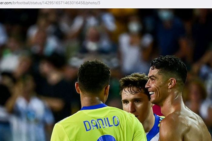 Ekspresi megabintang Juventus, Cristiano Ronaldo, dalam laga Liga Italia kontra Udinese di Stadion Dacia Arena, Minggu (22/8/2021).