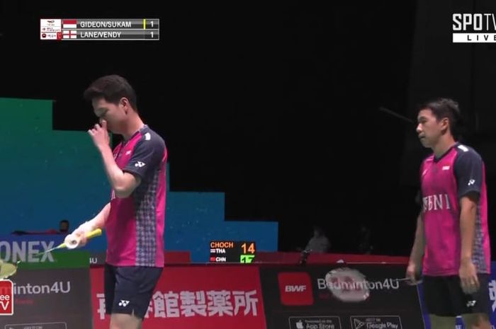 Ganda putra Indonesia, Marcus Fernaldi Gideon/Kevin Sanjaya saat berlaga di babak 16 besar Kejuaraan Dunia 2022, Kamis (25/8/2022).