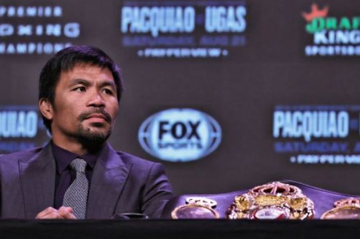 Manny Pacquiao saat menghadiri konferensi pers menjelang laga melawan Yordenis Ugas pada Rabu (18/8/2021).