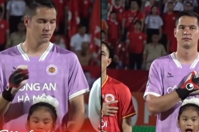 Calon kiper naturalisasi, Filip Nguyen, menjadi sorotan fans Vietnam saat menyanyikan lagu kebangsaan.