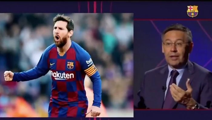 Kapten Barcelona, Lionel Messi, dan eks Presiden Barca, Josep Maria Bartomeu.