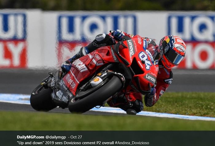 Aksi pembalap Ducati, Andrea Dovizioso pada seri MotoGP Australia 2019, Minggu (27/10/2019)