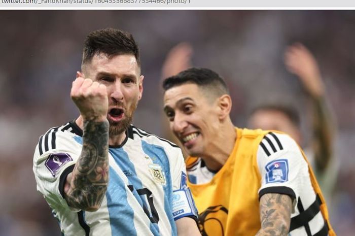 Megabintang timnas Argentina, Lionel Messi, merayakan gol ke gawang timnas Prancis dalam laga final Piala Dunia 2022.