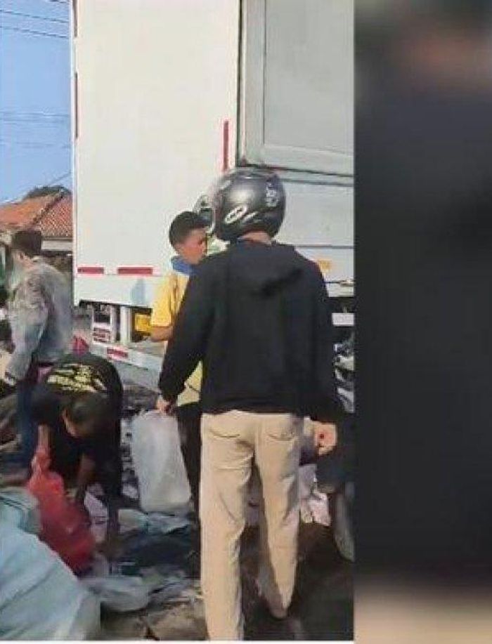 Sejumlah warga menjarah susu bermerek Bear Brand dari truk yang kecelakaan di Jalan Raya Langut, Kecamatan Lohbener, Indramayu, Jawa Barat, Senin (21/8/2023)