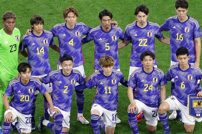 Skuad Timnas Jepang kala berhadapan dengan Tunisia di sebuah pertandingan persahabatan, Selasa (17/10/2023).