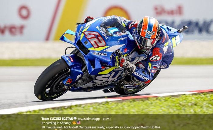 Pembalap Suzuki Ecstar, Alex Rins saat melakukan sesi pemanasan MotoGP Malaysia 2019, Minggu (3/11/2019)