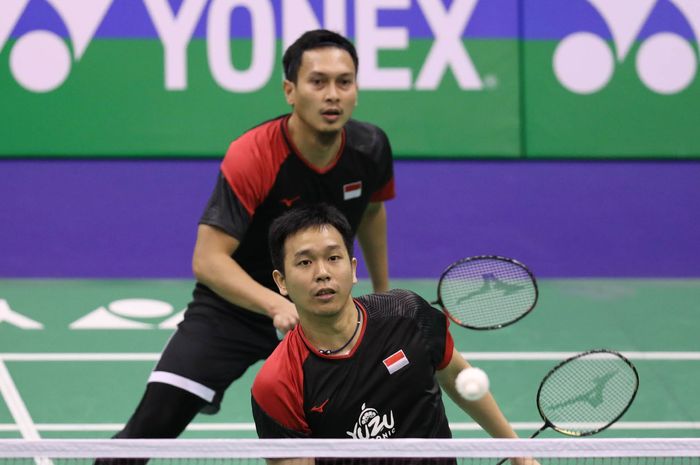 Mohammad Ahsan/Hendra Setiawan saat tampil pada babak kedua Hong Kong Open 2019 di Hong Kong Coliseum, Kamis (14/11/2019).