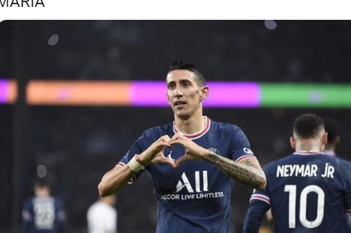 Winger Paris Saint-Germain, Angel Di Maria, merayakan gol ke gawang Lille dalam laga Liga Prancis di Stadion Parc des Princes, Jumat (29/10/2021).