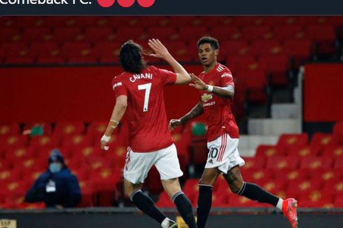 Marcus Rashford (kanan) menginisiasi kebangkitan Manchester United atas Brighton and Hove Albion di Liga Inggris, 4 April 2021.