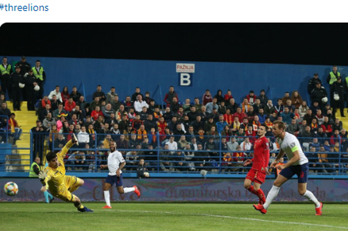 Harry Kane mecnetak gol pada pertandingan Montenegro vs Inggris di Pidgorica dalam lanjutan kualifikasi Piala Eropa 2020, 25 Maret 2019. 