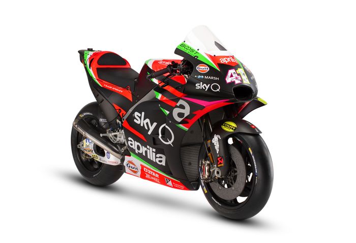 Motor baru Aprilia, RS-GP 2019, didominasi warna Hitam, dengan sedikit sentuhan Merah, Hijau, dan Kuning