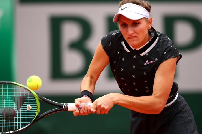 Petenis tunggal putri Republik Ceska, Marketa Vondrousova, saat menjalani pertandingan melawan Johanna Konta (Britania Raya) pada semifinal French Open 2019 di Stadion Roland Garros, Paris, Prancis, Jumat (7/6/2019).