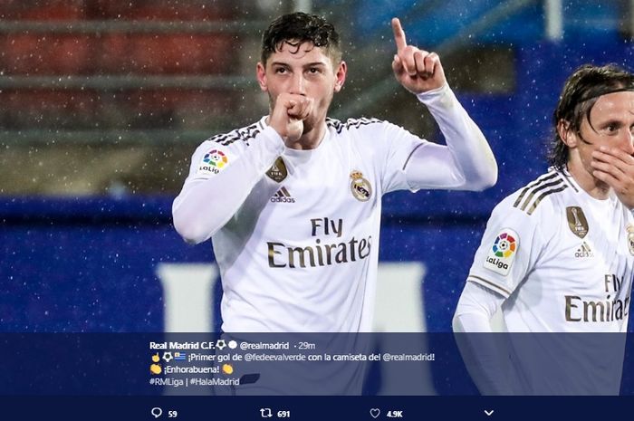 Selebrasi gelandang Real Madrid, Federico Valverde, saat mengalahkan Eibar di Ipurua Municipal Stadium, pada laga pekan ke-13 Liga Spanyol, Sabtu (9/11/2019).