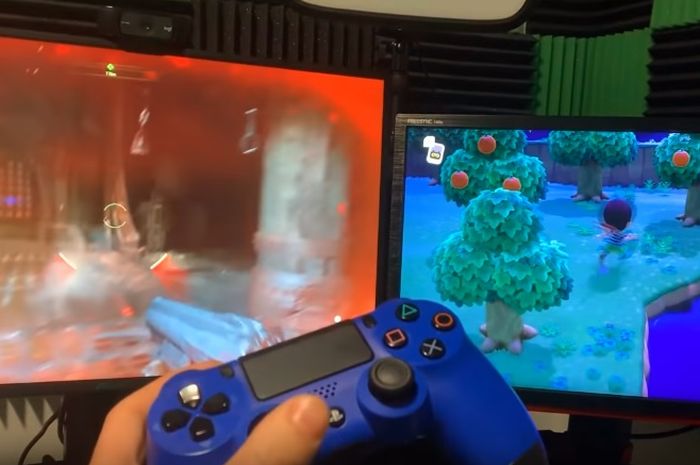 Video footage of Slimecicle playing two games at the same time with one controller.