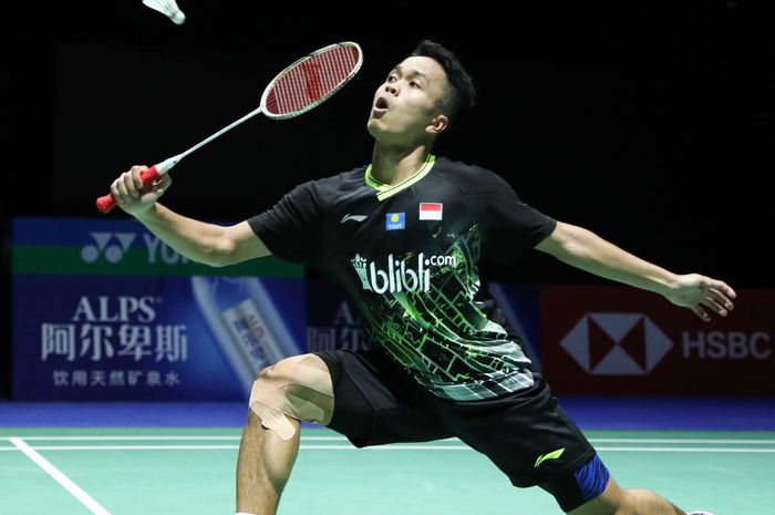 Anthony Sinisuka Ginting saat melakoni babak kedua pada Kejuaraan Dunia 2019, di St. Jakobshalle, Basel, Swiss, Selasa (20/8/2019).