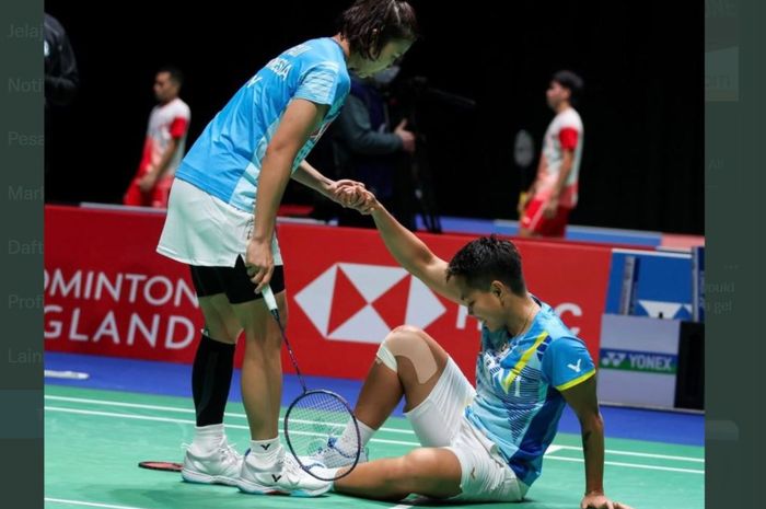 Apriyani Rahayu mengalami cedera saat bertanding di babak 16 besar All England, Kamis (17/3/2022)