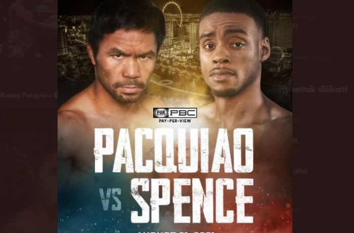 Poster pengumuman duel antara Manny Pacquiao dan Errol Spence Jr pada 21 Agustus 2021. 