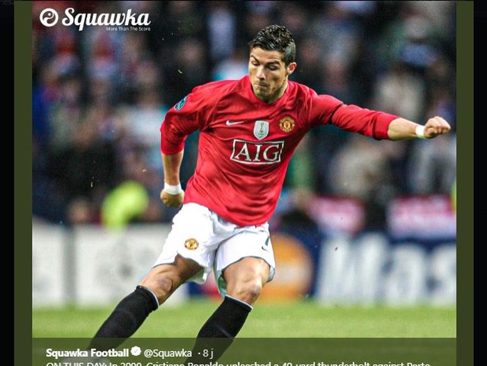 Cristiano Ronaldo berhasil mencetak gol brilian dari luar kotak penalti saat mengalahkan FC Porto pada kompetisi Liga Champions 2008-2009 saat laga baru berjalan enam menit.