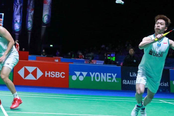 Pasangan ganda putra Indonesia, Marcus Fernaldi Gideon/Kevin Sanjaya Sukamuljo, pada babak kedua All England Open 2020 di Arena Birmingham, Inggris, Kamis (12/3/2020).