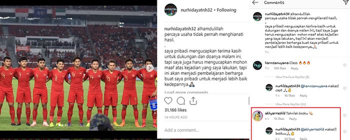 Komentar pesepak bola Malaysia, Akhyar Rashid pada Instagram Nur Hidayat