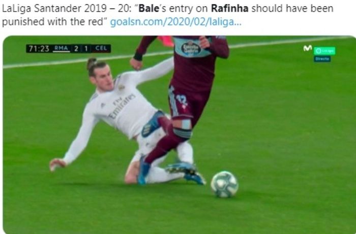 Pemain Real Madrid, Gareth Bale, melakukan tekel terhadap Rafinha saat jumpa Celta Vigo, Minggu (16/2/2020).