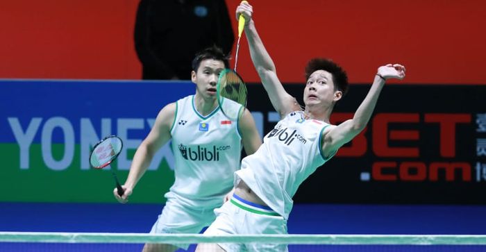 Pasangan ganda putra Indonesia, Marcus Fernaldi Gideon/Kevin Sanjaya Sukamuljo, pada perempat final All England Open 2020 di Arena Birmingham, Inggris, Jumat (13/3/2020).