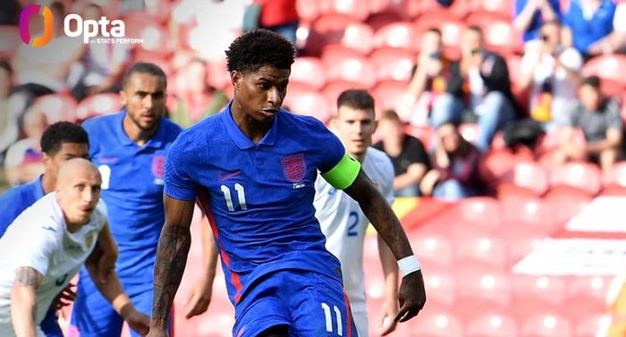 Penyerang timnas Inggris, Marcus Rashford, mencetak gol ke gawang timnas Rumania dalam laga uji coba di Stadion Riverside pada Minggu (6/6/2021) mulai pukul 23.00 WIB.