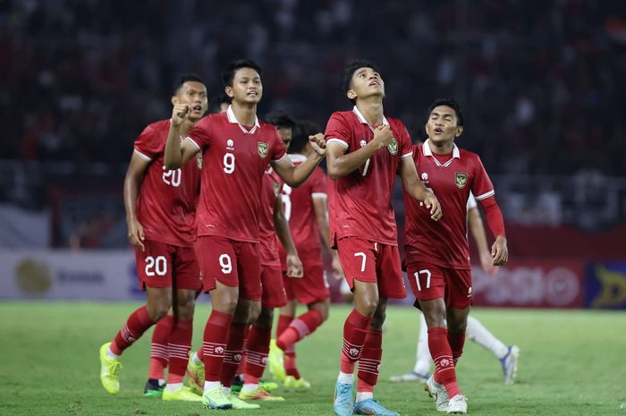 Selebrasi Marselino Ferdinan pada laga timnas U-20 Indonesia vs Vietnam di Kualifikasi Piala Asia U-20 2023.