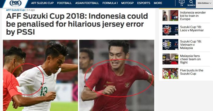 Pemberitaan Fox Sports Asia mengenai kelalaian di jersey timnas Indonesia pada Piala AFF 2018