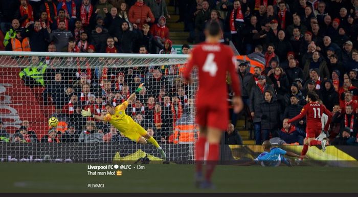 Gol yang dicetak Mohamed Salah ke gawang Man City di Anfield, pada Liga Inggris pekan ke-12, Minggu (10/11/2019).