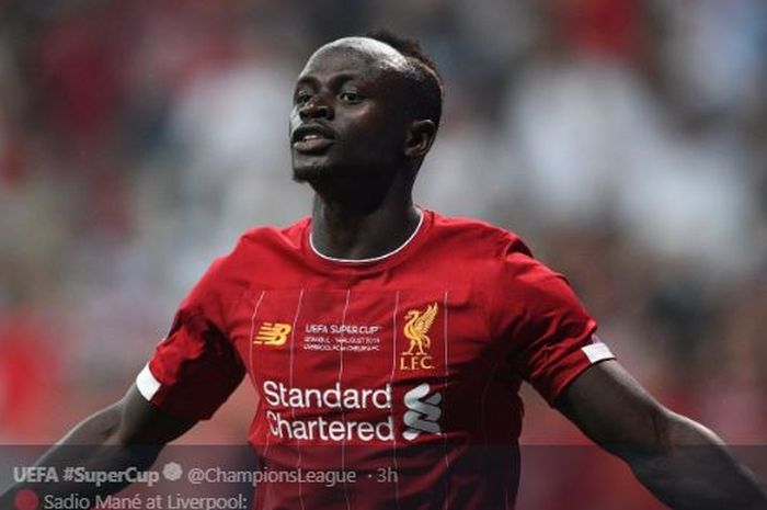 Penyerang sayap Liverpool FC, Sadio Mane, merayakan golnya dalam laga Piala Super Eropa 2019 kontra Chelsea di BJK Vodafone Park, 15 Agustus 2019.