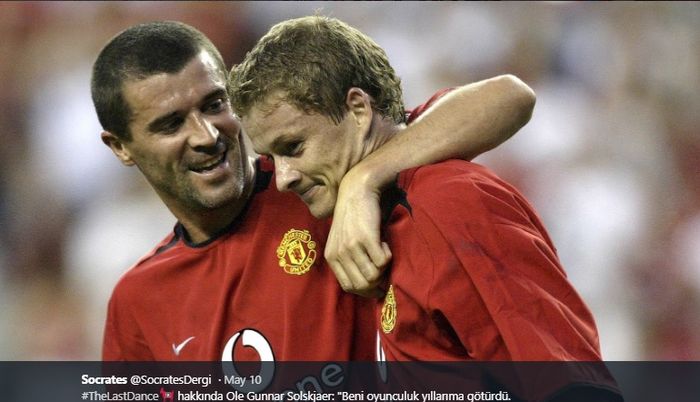 Roy Keane (kiri) dan Ole Gunnar Solskjaer saat mengenakan seragam Manchester United.